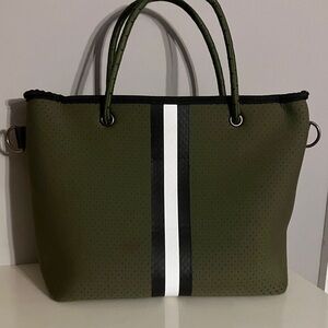 HAUTE SHORE Olive Neiprene Tote Bag with Black and White Stripe Corded Handles